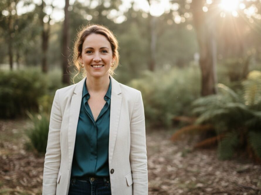 A captivating outdoor authentic Cockatoo professional portrait featuring a smiling business owner, bathed in soft golden hour light, with the lush Dandenong Ranges foliage subtly blurred in the background, conveying confidence and approachability.