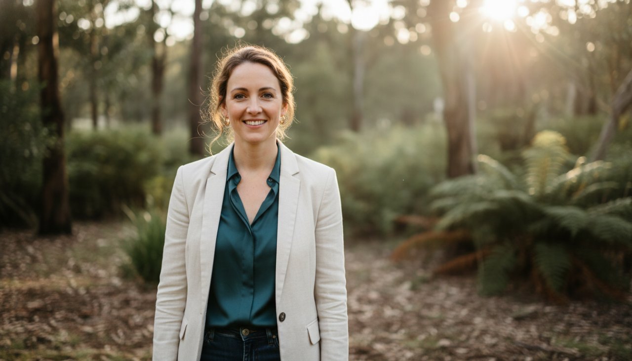 A captivating outdoor authentic Cockatoo professional portrait featuring a smiling business owner, bathed in soft golden hour light, with the lush Dandenong Ranges foliage subtly blurred in the background, conveying confidence and approachability.