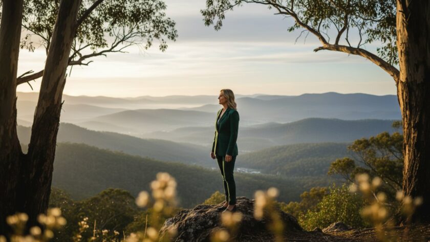 An epic, cinematic photograph showcasing authentic corporate headshots in The Patch, Dandenong Ranges, featuring a confident business professional against a soft, sun-dappled backdrop of the Dandenong Ranges, exuding approachability and strength.