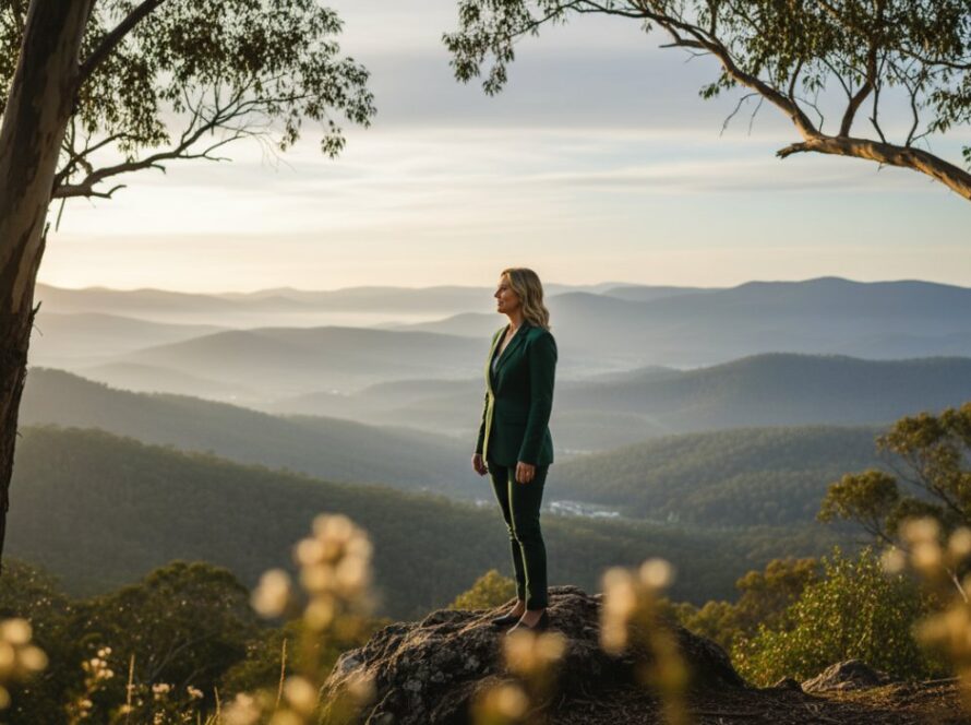 An epic, cinematic photograph showcasing authentic corporate headshots in The Patch, Dandenong Ranges, featuring a confident business professional against a soft, sun-dappled backdrop of the Dandenong Ranges, exuding approachability and strength.