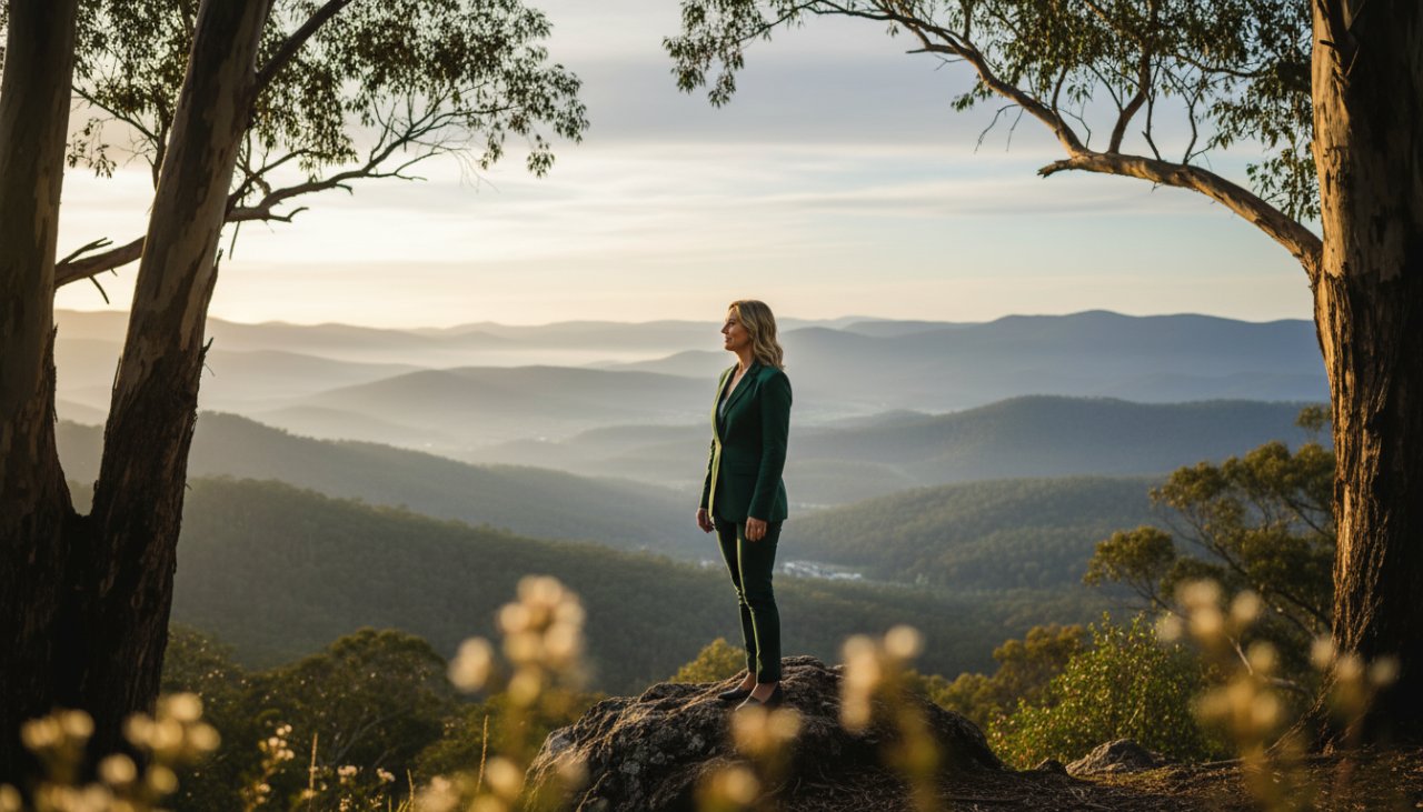 An epic, cinematic photograph showcasing authentic corporate headshots in The Patch, Dandenong Ranges, featuring a confident business professional against a soft, sun-dappled backdrop of the Dandenong Ranges, exuding approachability and strength.