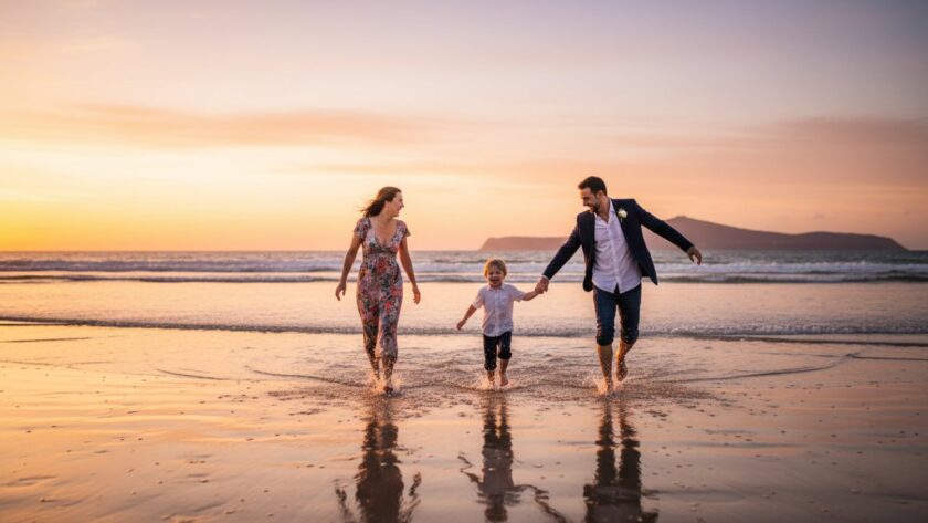 An authentic Dromana candid family moment photography captures parents laughing joyfully with their young children running on the Dromana Beach at sunset, silhouetted against a vibrant orange and pink sky, evoking pure happiness and connection.