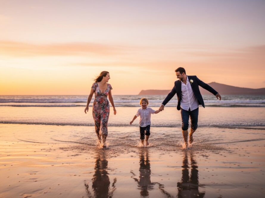 An authentic Dromana candid family moment photography captures parents laughing joyfully with their young children running on the Dromana Beach at sunset, silhouetted against a vibrant orange and pink sky, evoking pure happiness and connection.