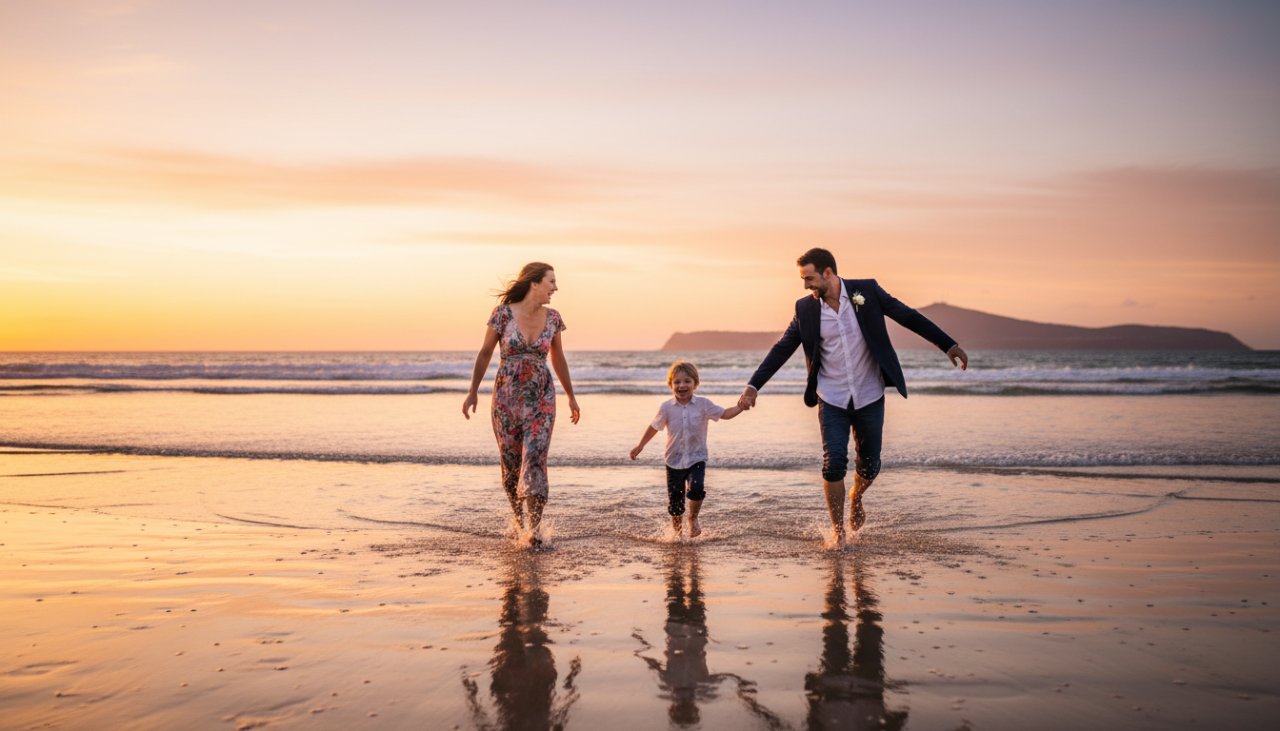 An authentic Dromana candid family moment photography captures parents laughing joyfully with their young children running on the Dromana Beach at sunset, silhouetted against a vibrant orange and pink sky, evoking pure happiness and connection.