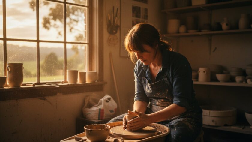 A powerful, cinematic shot showcasing authentic editorial photography in Steels Creek, Victoria, featuring a local artisan passionately crafting their work amidst the rustic charm of the Yarra Valley, bathed in warm, natural light.