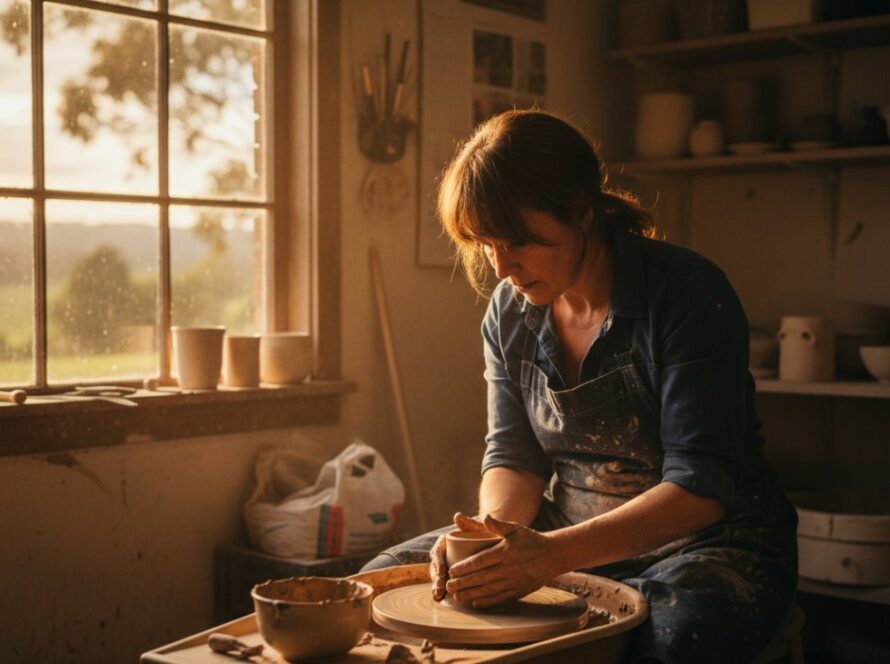 A powerful, cinematic shot showcasing authentic editorial photography in Steels Creek, Victoria, featuring a local artisan passionately crafting their work amidst the rustic charm of the Yarra Valley, bathed in warm, natural light.