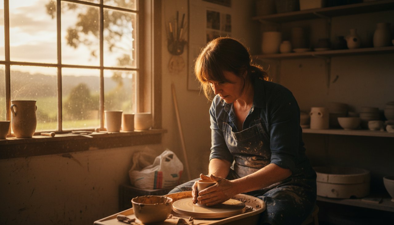 A powerful, cinematic shot showcasing authentic editorial photography in Steels Creek, Victoria, featuring a local artisan passionately crafting their work amidst the rustic charm of the Yarra Valley, bathed in warm, natural light.