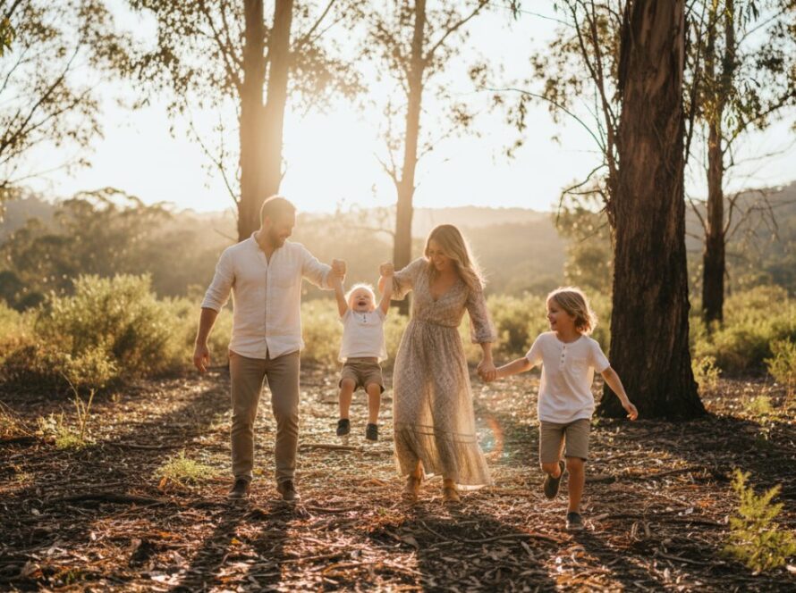 An authentic family photography Badger Creek scene showing a joyous family laughing together amidst the sun-drenched natural bushland of Badger Creek, capturing a genuine, unposed 'epic moment' of connection and happiness under golden hour light.