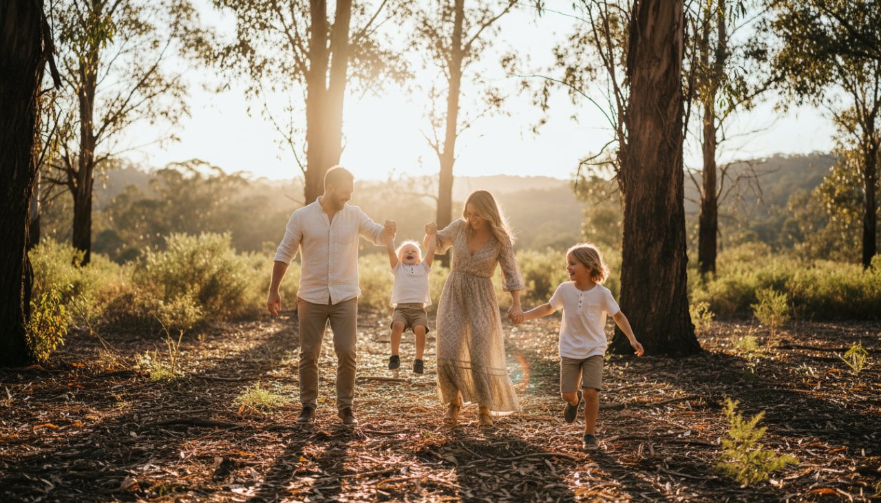 An authentic family photography Badger Creek scene showing a joyous family laughing together amidst the sun-drenched natural bushland of Badger Creek, capturing a genuine, unposed 'epic moment' of connection and happiness under golden hour light.