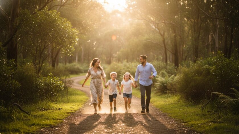 A candid, joyous 'epic moment' of a family laughing together amidst the natural beauty of Belgrave South, capturing authentic family photography Belgrave South moments under warm, golden hour light.