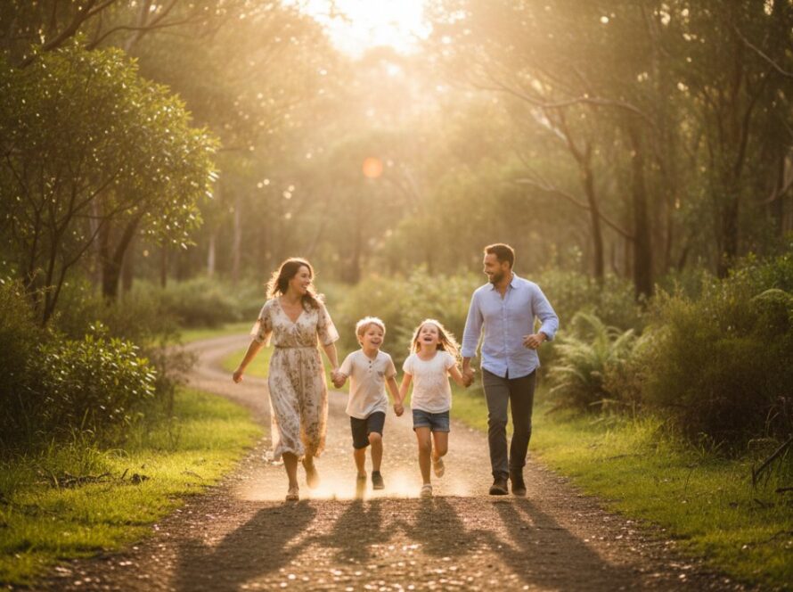 A candid, joyous 'epic moment' of a family laughing together amidst the natural beauty of Belgrave South, capturing authentic family photography Belgrave South moments under warm, golden hour light.