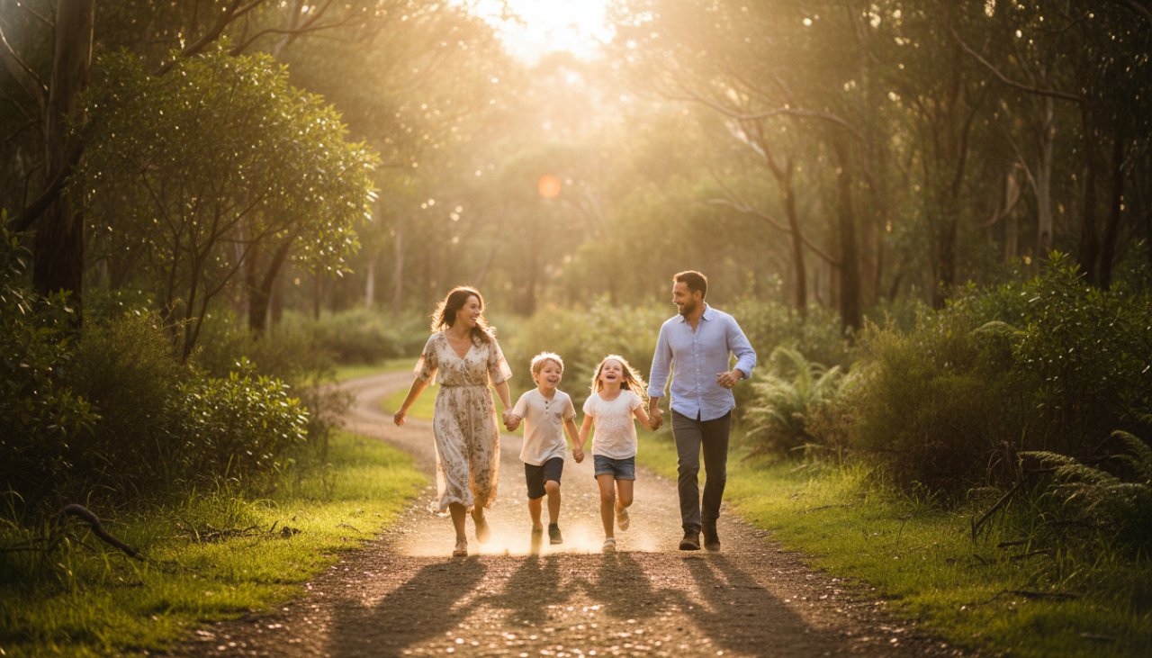 A candid, joyous 'epic moment' of a family laughing together amidst the natural beauty of Belgrave South, capturing authentic family photography Belgrave South moments under warm, golden hour light.