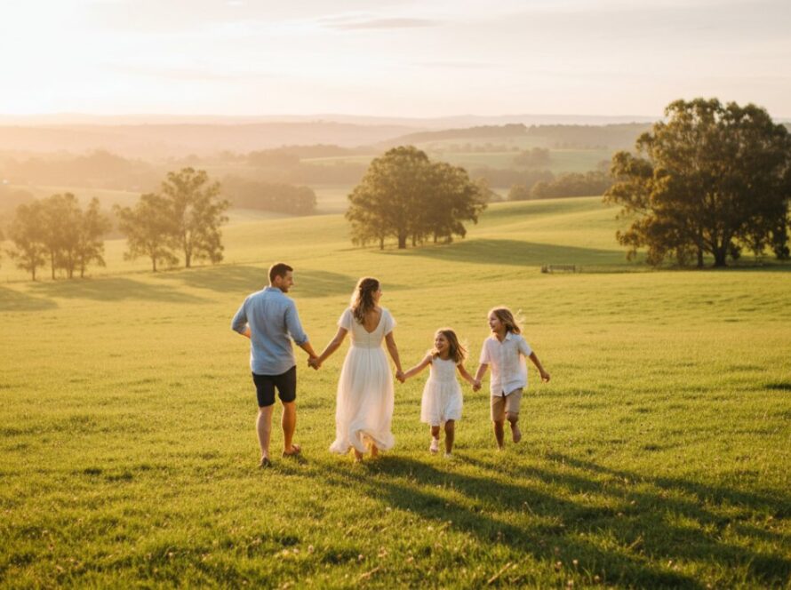An authentic family photography Castella Victoria epic moment showing a family of four, parents and two young children, laughing joyfully while running through a sun-dappled open field with rolling green hills and distant eucalyptus trees in Castella, Victoria, at golden hour. The light is warm and ethereal, highlighting their genuine connection and happiness.