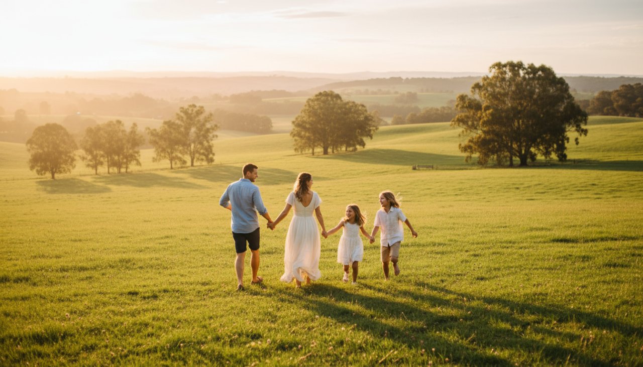 An authentic family photography Castella Victoria epic moment showing a family of four, parents and two young children, laughing joyfully while running through a sun-dappled open field with rolling green hills and distant eucalyptus trees in Castella, Victoria, at golden hour. The light is warm and ethereal, highlighting their genuine connection and happiness.