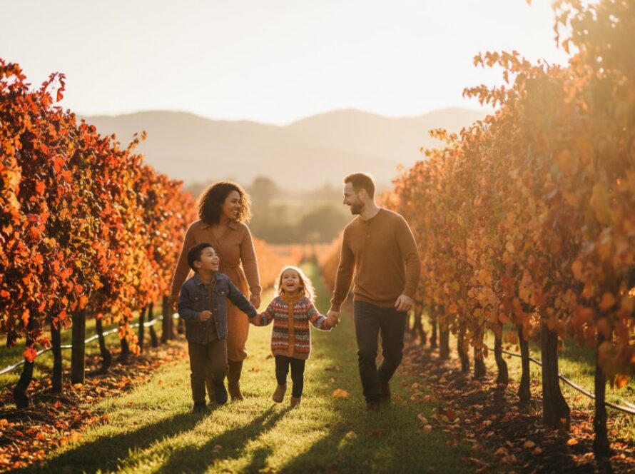 An emotionally resonant, candid photograph of a family laughing joyfully amidst the golden vineyards of Coldstream, Victoria, during an authentic family photography Coldstream Yarra Valley session at sunset. The father is playfully lifting a young child while the mother watches with a loving smile, all bathed in soft, warm light.
