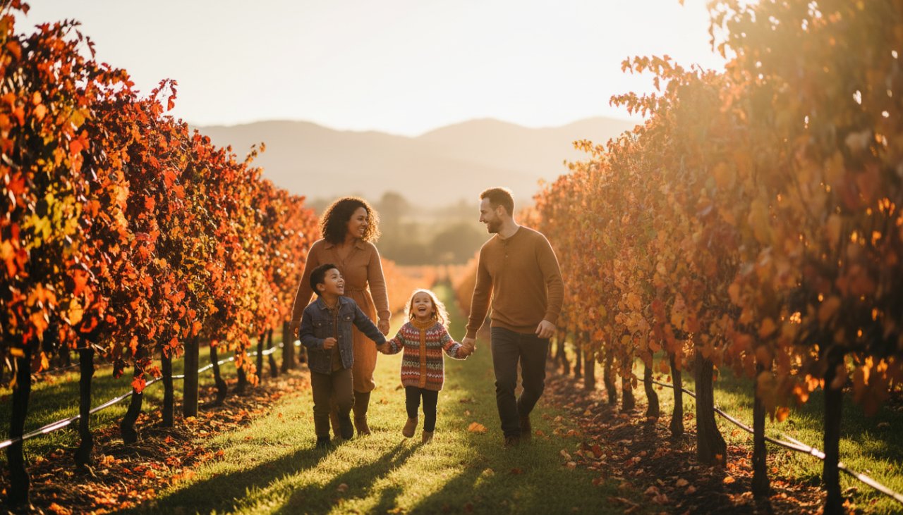 An emotionally resonant, candid photograph of a family laughing joyfully amidst the golden vineyards of Coldstream, Victoria, during an authentic family photography Coldstream Yarra Valley session at sunset. The father is playfully lifting a young child while the mother watches with a loving smile, all bathed in soft, warm light.