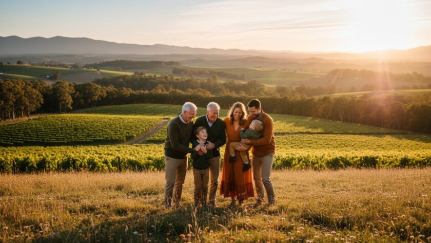 An emotionally resonant, epic moment captured during an authentic family photography sessions Healesville Yarra Valley. A family of four, parents and two young children, are laughing joyfully while walking hand-in-hand through a sun-dappled field at sunset, with rolling Healesville hills and distant vineyards in the soft focus background. Golden hour light illuminates their faces, highlighting genuine connection and happiness.