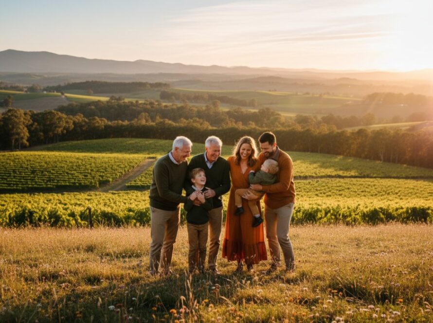 An emotionally resonant, epic moment captured during an authentic family photography sessions Healesville Yarra Valley. A family of four, parents and two young children, are laughing joyfully while walking hand-in-hand through a sun-dappled field at sunset, with rolling Healesville hills and distant vineyards in the soft focus background. Golden hour light illuminates their faces, highlighting genuine connection and happiness.