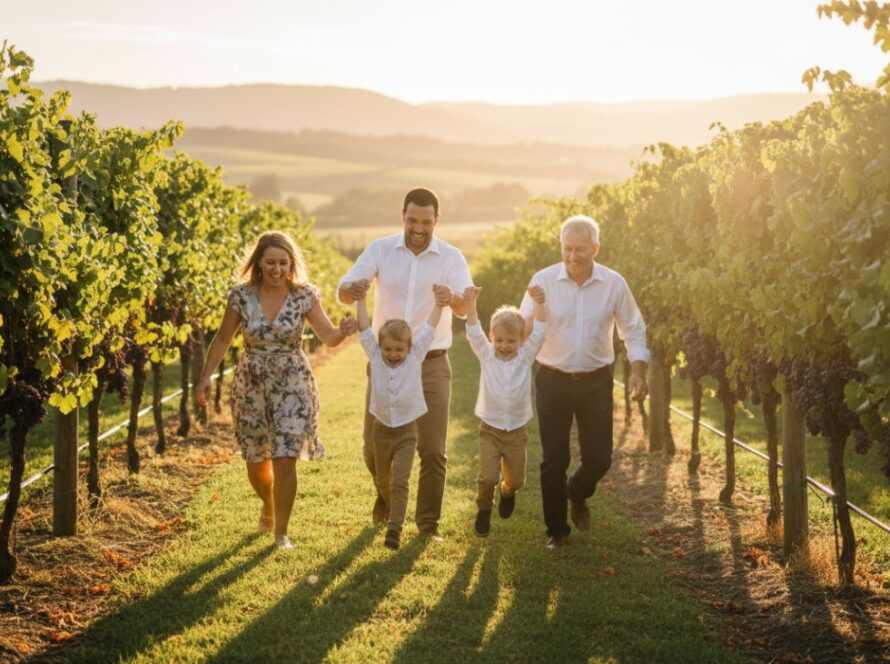 A family joyfully embracing each other amidst golden hour light in a scenic Seville vineyard, captured in an authentic family photography Seville Victoria session, embodying warmth and connection.