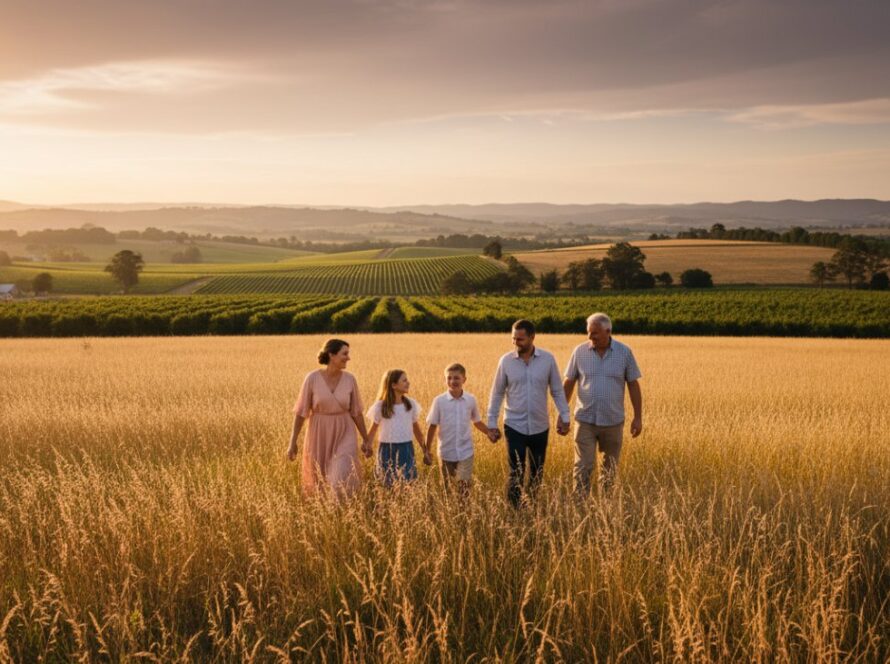 An epic moment captured in Wandin East, Victoria, showcasing authentic family photos with parents and children laughing joyfully amidst a golden hour apple orchard, embodying genuine connection and the natural beauty of the Yarra Valley.
