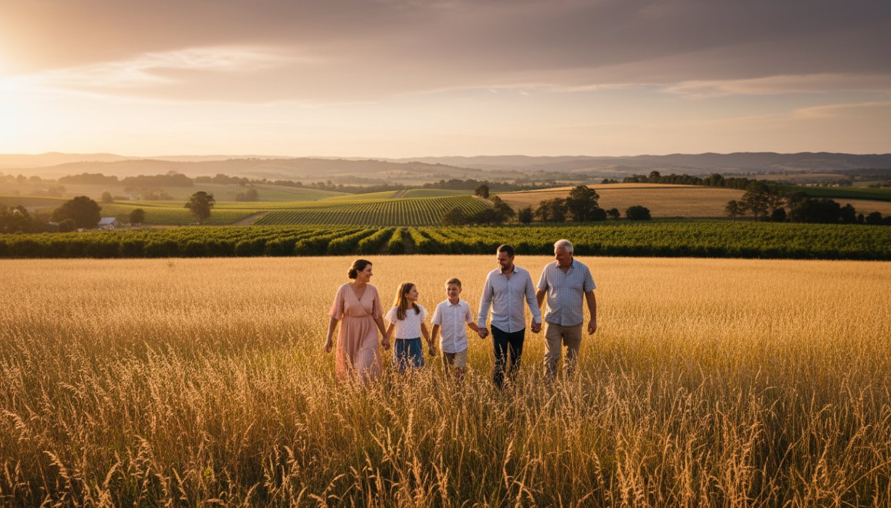 An epic moment captured in Wandin East, Victoria, showcasing authentic family photos with parents and children laughing joyfully amidst a golden hour apple orchard, embodying genuine connection and the natural beauty of the Yarra Valley.