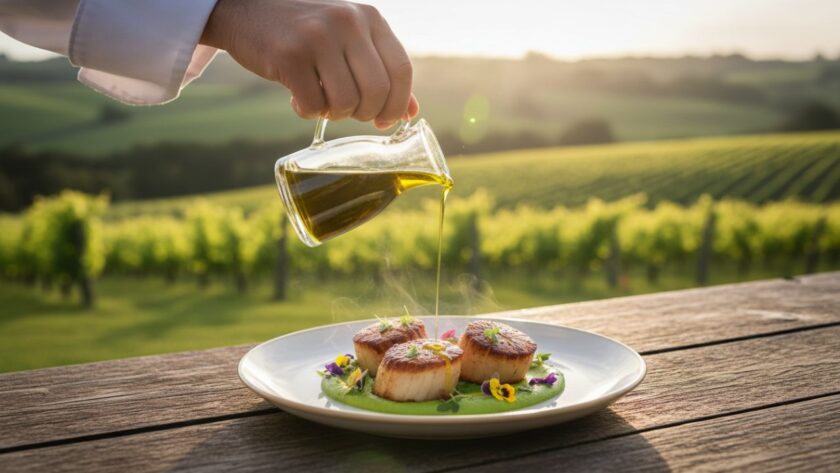 A vibrant, close-up shot of freshly harvested heirloom vegetables and herbs, artfully arranged on a rustic wooden table at a Chum Creek farm, bathed in golden hour sunlight, epitomising authentic farm-to-table food photography Chum Creek.