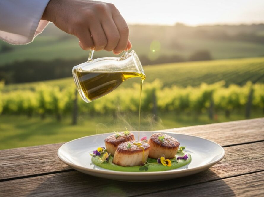 A vibrant, close-up shot of freshly harvested heirloom vegetables and herbs, artfully arranged on a rustic wooden table at a Chum Creek farm, bathed in golden hour sunlight, epitomising authentic farm-to-table food photography Chum Creek.