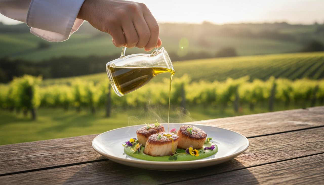 A vibrant, close-up shot of freshly harvested heirloom vegetables and herbs, artfully arranged on a rustic wooden table at a Chum Creek farm, bathed in golden hour sunlight, epitomising authentic farm-to-table food photography Chum Creek.