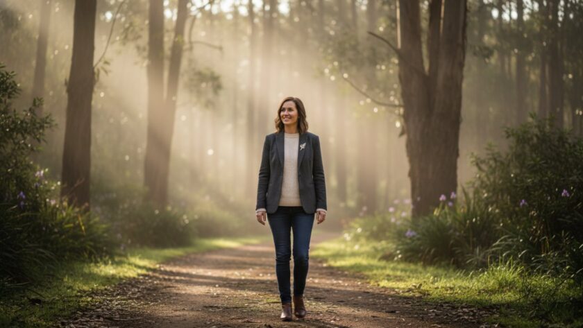 A dynamic and inspiring outdoor shot showcasing a small business owner radiating confidence amidst the lush, misty eucalyptus trees of Ferny Creek, capturing the essence of Authentic Ferny Creek Personal Branding Photography, with soft, natural light highlighting their genuine smile and professional demeanour.