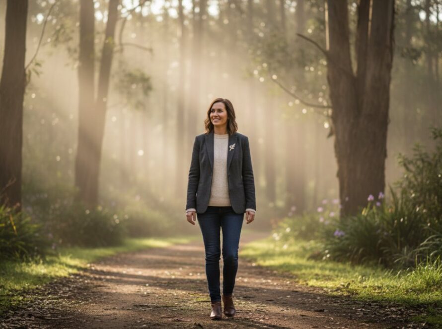 A dynamic and inspiring outdoor shot showcasing a small business owner radiating confidence amidst the lush, misty eucalyptus trees of Ferny Creek, capturing the essence of Authentic Ferny Creek Personal Branding Photography, with soft, natural light highlighting their genuine smile and professional demeanour.