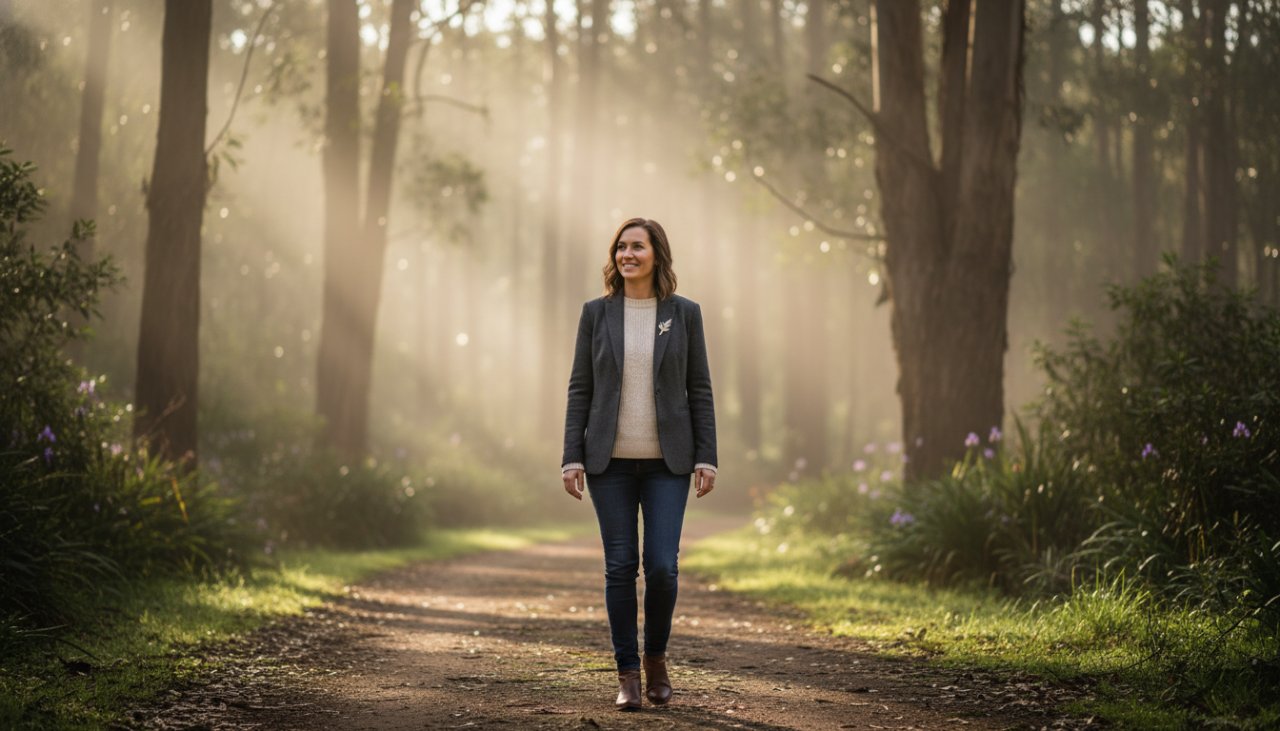 A dynamic and inspiring outdoor shot showcasing a small business owner radiating confidence amidst the lush, misty eucalyptus trees of Ferny Creek, capturing the essence of Authentic Ferny Creek Personal Branding Photography, with soft, natural light highlighting their genuine smile and professional demeanour.