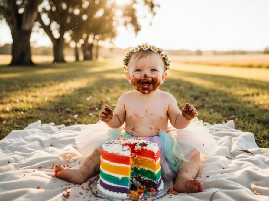 An authentic first birthday cake smash Wandin North photograph, showing a beaming baby boy covered in blue frosting, joyfully seated amidst scattered cake and balloons in an outdoor Wandin North setting, bathed in soft afternoon sunlight.