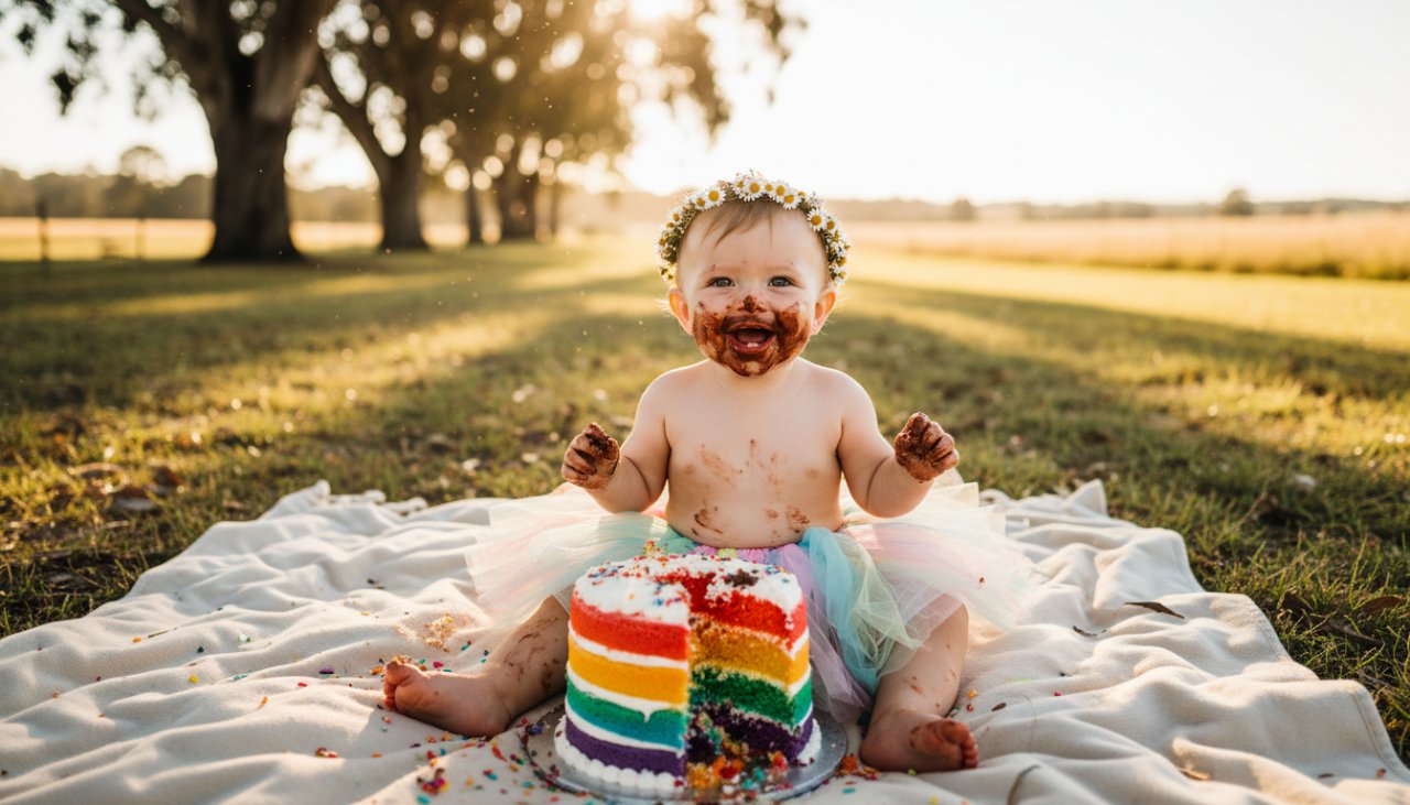 An authentic first birthday cake smash Wandin North photograph, showing a beaming baby boy covered in blue frosting, joyfully seated amidst scattered cake and balloons in an outdoor Wandin North setting, bathed in soft afternoon sunlight.