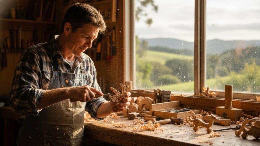 An inspiring wide-angle shot of a local artisan, mid-action, passionately crafting bespoke wooden toys in their sunlit Gembrook workshop, showcasing authentic Gembrook business branding photography with natural light and a blurred background of Gembrook's rolling hills.