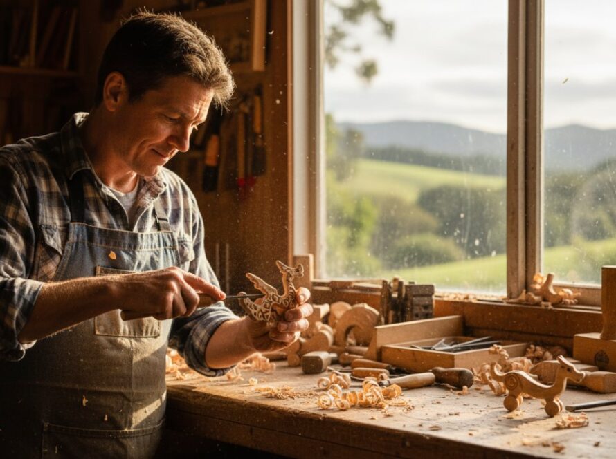 An inspiring wide-angle shot of a local artisan, mid-action, passionately crafting bespoke wooden toys in their sunlit Gembrook workshop, showcasing authentic Gembrook business branding photography with natural light and a blurred background of Gembrook's rolling hills.
