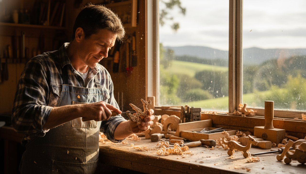 An inspiring wide-angle shot of a local artisan, mid-action, passionately crafting bespoke wooden toys in their sunlit Gembrook workshop, showcasing authentic Gembrook business branding photography with natural light and a blurred background of Gembrook's rolling hills.