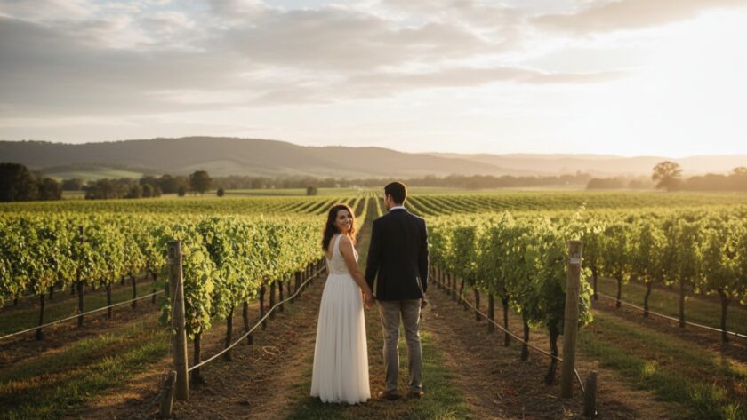 An authentic Healesville candid photography moment showing a couple laughing joyfully amidst the dappled light of a vineyard, capturing their genuine emotion at sunset.