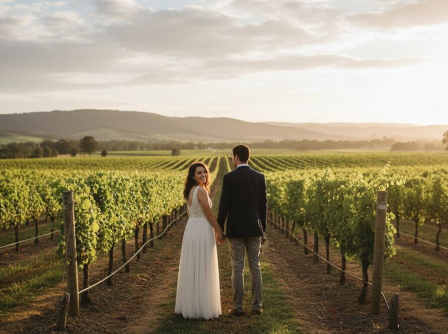 An authentic Healesville candid photography moment showing a couple laughing joyfully amidst the dappled light of a vineyard, capturing their genuine emotion at sunset.