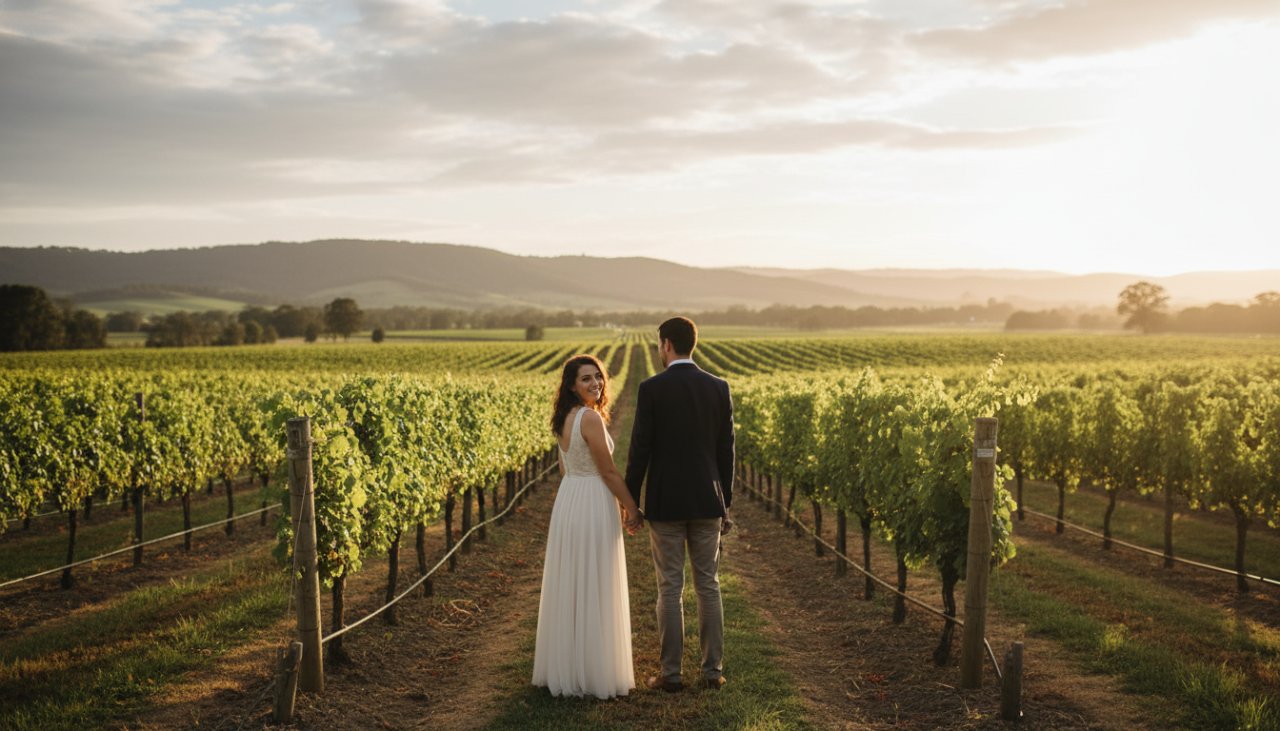 An authentic Healesville candid photography moment showing a couple laughing joyfully amidst the dappled light of a vineyard, capturing their genuine emotion at sunset.