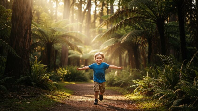 An authentic Kallista kids photography storytelling moment: A child with a wide, joyful smile, running through a sun-dappled fern gully in Kallista, Victoria, dappled light catching their hair, pure joy on their face.