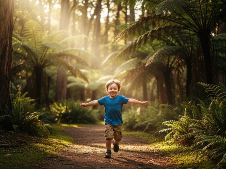 An authentic Kallista kids photography storytelling moment: A child with a wide, joyful smile, running through a sun-dappled fern gully in Kallista, Victoria, dappled light catching their hair, pure joy on their face.