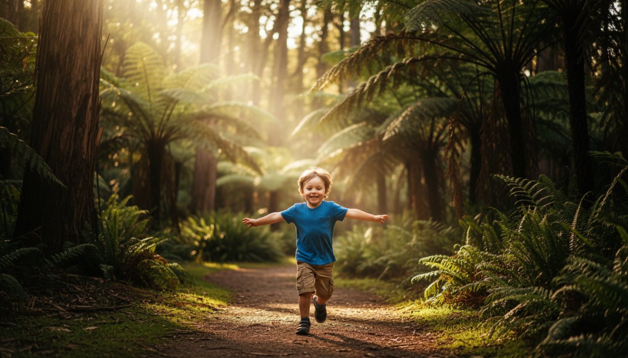 An authentic Kallista kids photography storytelling moment: A child with a wide, joyful smile, running through a sun-dappled fern gully in Kallista, Victoria, dappled light catching their hair, pure joy on their face.