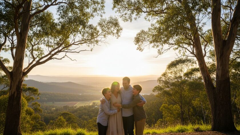 An authentic Kalorama candid photography shot of a family laughing joyfully amidst the towering trees of Kalorama Park, captured at golden hour, showcasing genuine connection and love.