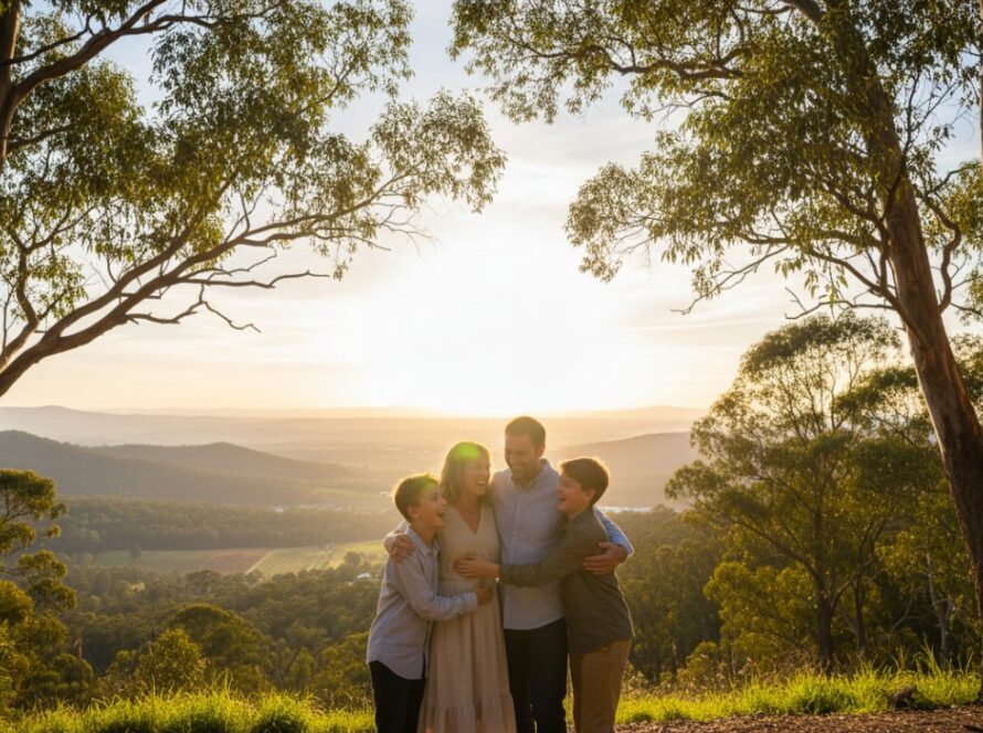 An authentic Kalorama candid photography shot of a family laughing joyfully amidst the towering trees of Kalorama Park, captured at golden hour, showcasing genuine connection and love.