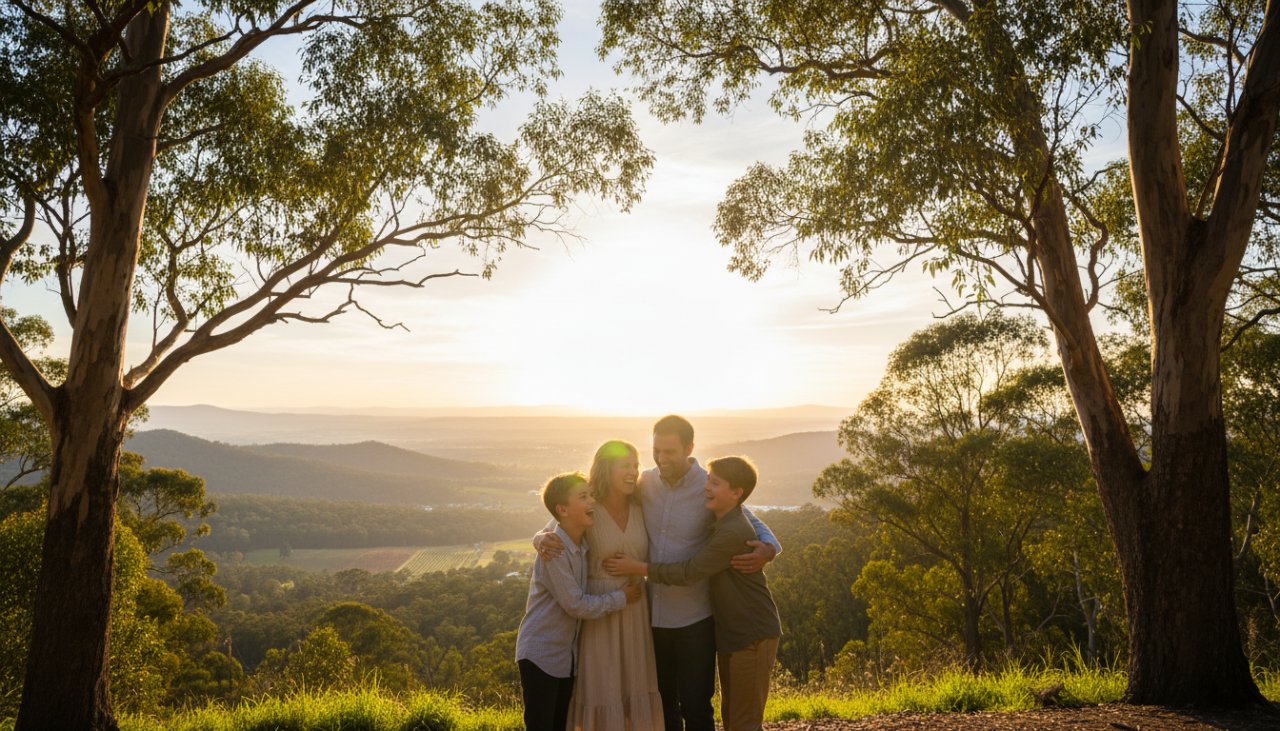 An authentic Kalorama candid photography shot of a family laughing joyfully amidst the towering trees of Kalorama Park, captured at golden hour, showcasing genuine connection and love.