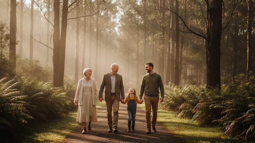 An authentic Kalorama family photography experience captured: a joyful family of four embracing at sunset in the Dandenong Ranges, with soft golden light highlighting their genuine smiles.