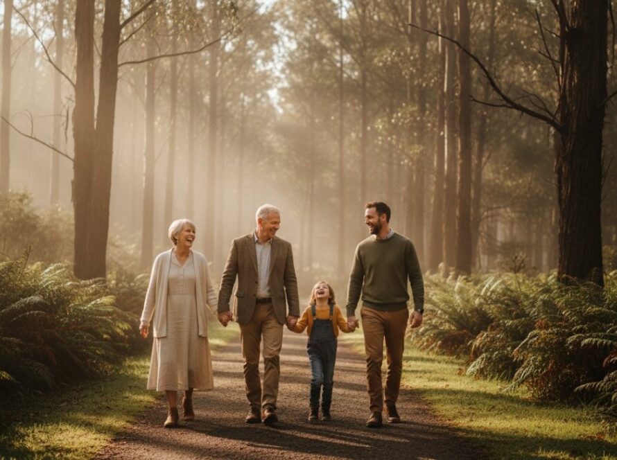 An authentic Kalorama family photography experience captured: a joyful family of four embracing at sunset in the Dandenong Ranges, with soft golden light highlighting their genuine smiles.