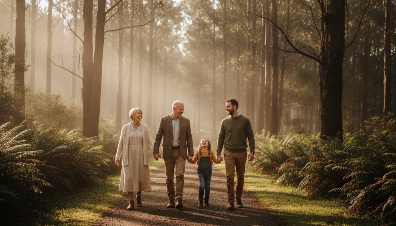An authentic Kalorama family photography experience captured: a joyful family of four embracing at sunset in the Dandenong Ranges, with soft golden light highlighting their genuine smiles.