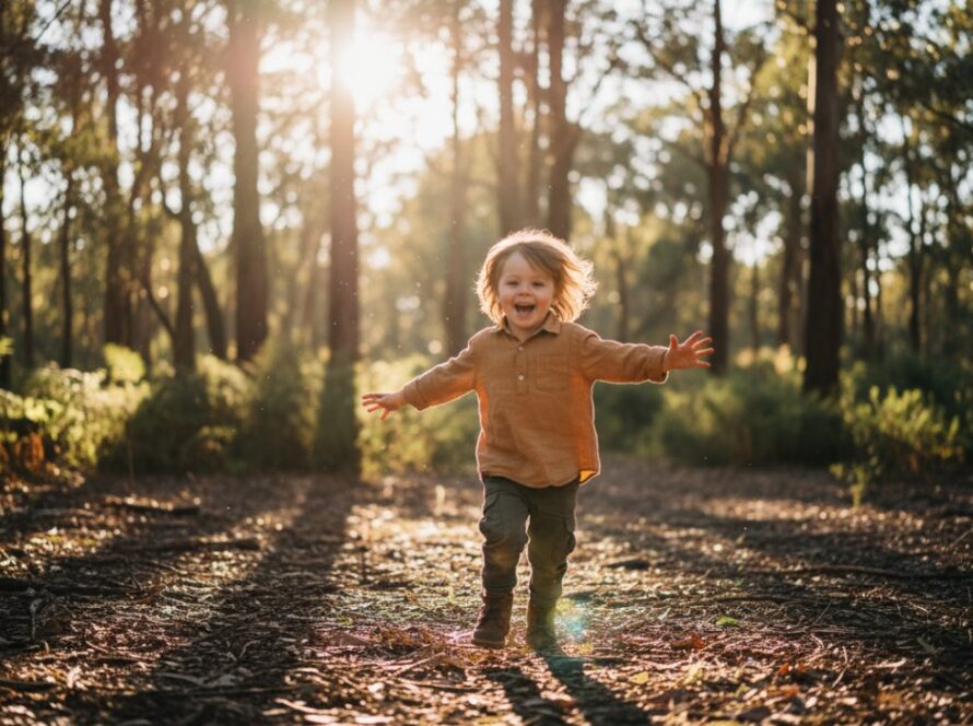 A heartwarming, 'epic moment' style photograph of a child laughing joyfully amidst the natural bushland of Belgrave South, sunlight dappling through gum trees, showcasing authentic kids photography in Belgrave South.