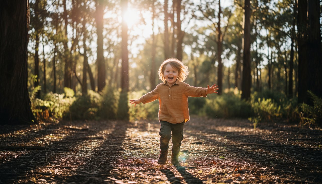 A heartwarming, 'epic moment' style photograph of a child laughing joyfully amidst the natural bushland of Belgrave South, sunlight dappling through gum trees, showcasing authentic kids photography in Belgrave South.